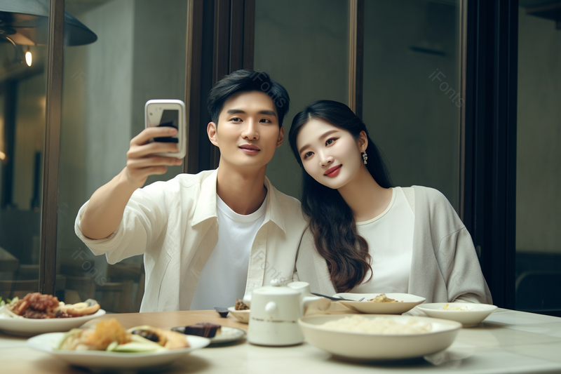 年轻情侣餐厅约会自拍,高清,摄影图,摄影图片,图片大全,摄影图免费下载
